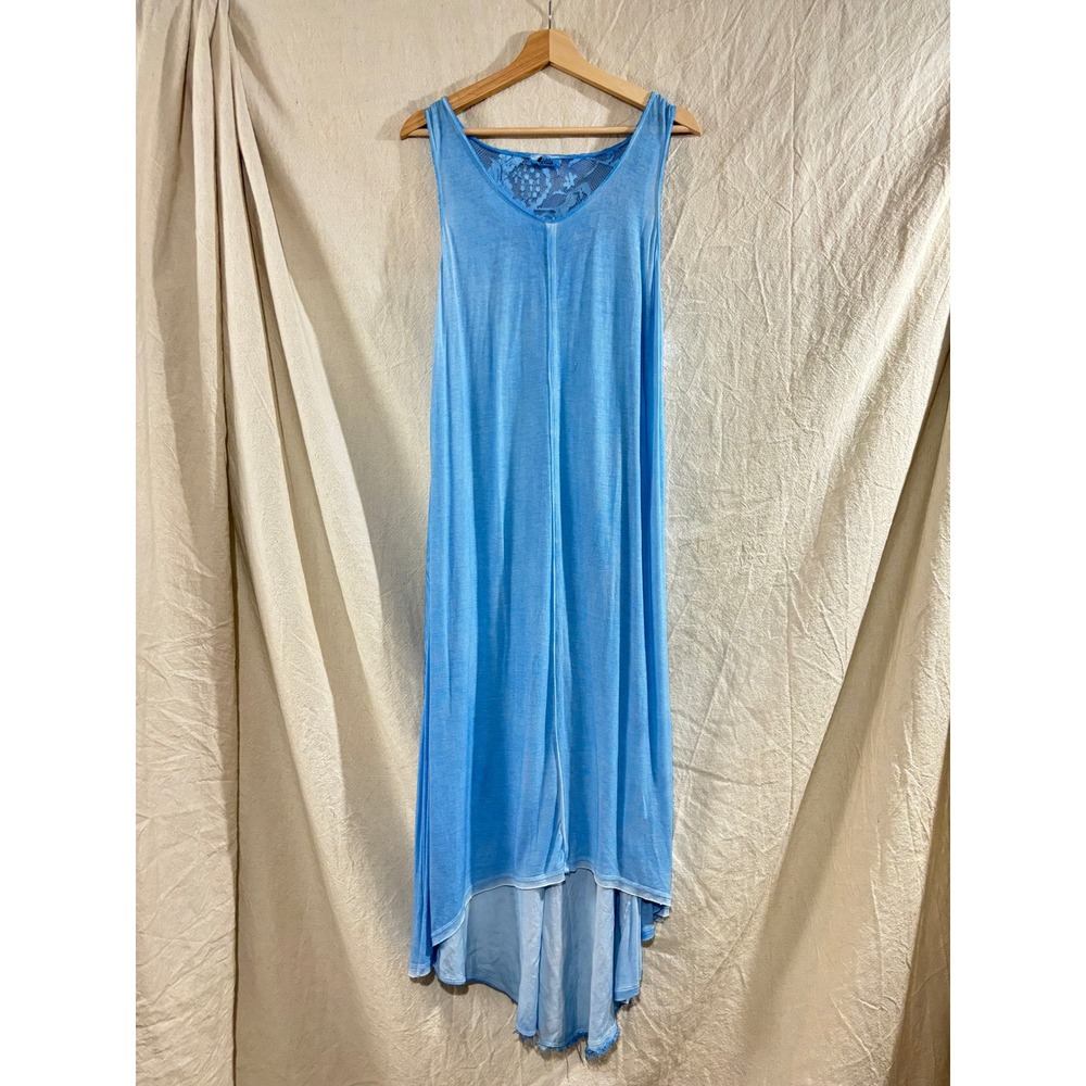 La Strega Greece Blue Viscose Lace Back High Low Sleeveless Maxi Dress Small
